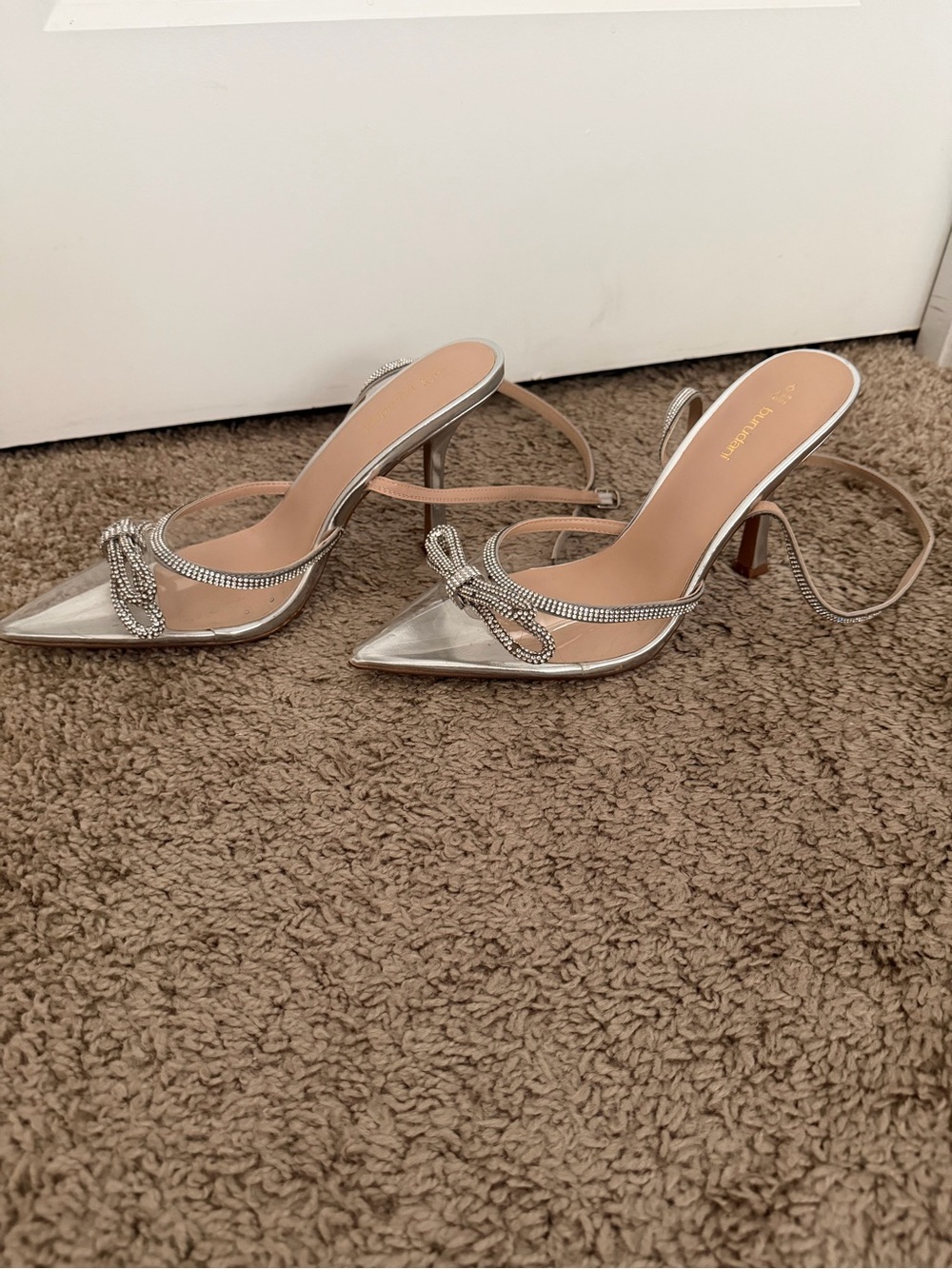 Silver Rhinestone Bow Pointed-Toe Heeled Sandals
